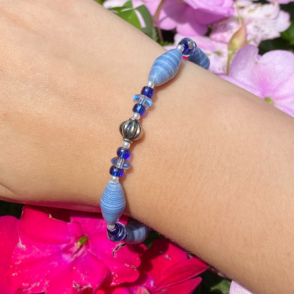 Handmade Recycled Paper Bead Stretchy Bracelet Blue Ocean Glass Beads